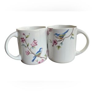 Pair Of 222 Fifth Feathered Friends Bird Floral Coffee Mugs Cups